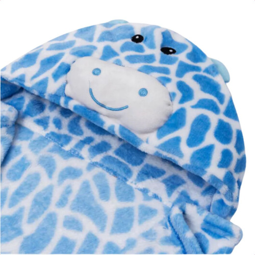 Manta Cobertor Microfibra Bordada C/ Capuz Girafa Azul