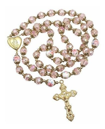 Rosario Católico  Pink Crystal Beads Gold Rosary Flowers