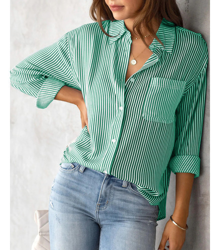 Camisa De Manga Larga Informal Holgada Con Top A Rayas Mujer