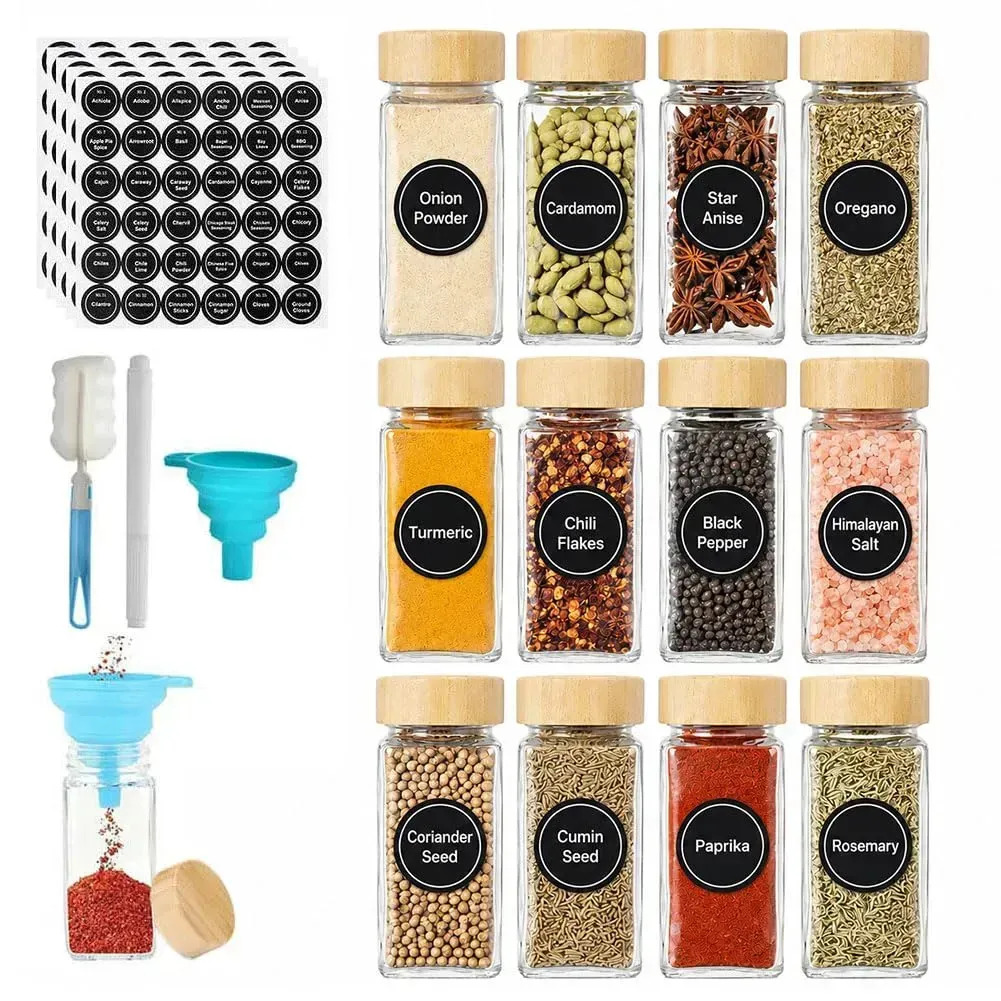 12 Frascos de vidrio 120 ml para especias, tarros condimenteros con tapa de madera, etiquetas y embudo plegable, frascos transparentes herméticos para cocina organizar condimentos