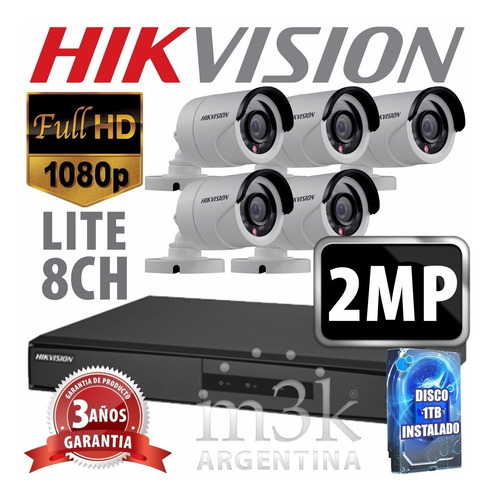 Kit Seguridad Hikvision Full Hd Dvr 8 + Disco 1 Tb Instalado + 5 Camaras 2mp 1080p Exterior Infrarrojas + Ip M3k