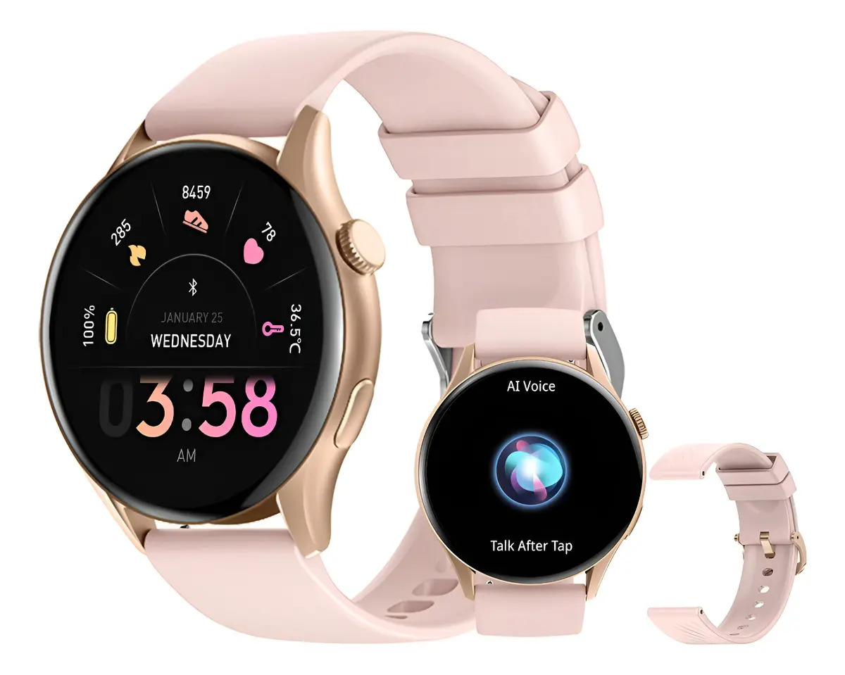 Relógio Smartwatch Ip68 Amoled A Prova Dagua Com 2 Pulseiras Caixa Preto Pulseira Rosa Bisel Dourado-escuro Desenho Da Pulseira Mesh