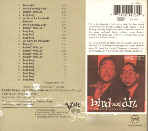 Charlie Parker / Dizzy Gillespie - Bird And Dizz (Usado)