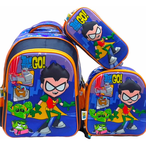 Kit Mochila Kinder, Lonchera, Lapicera Jóvenes Titanes 3d Metalizada Al Hombro