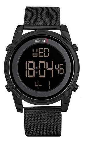Reloj Digital De Dama Diseño Tejido Acero Inox Steiner 28 Mm Correa Negro Bisel Negro Fondo Negro