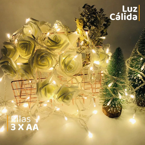 Imagen 6 de 8 de Guirnalda Luz Led Luces Tira 100 Luces Calidas 10m A Pila