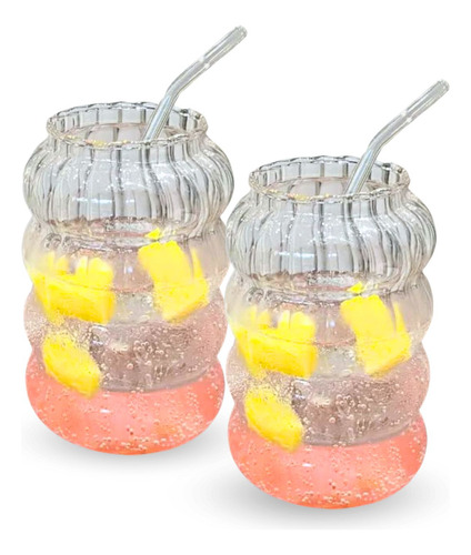 Set 2 Vasos Alto Diseño Ondas Bebida Vidrio 800 Ml Bombilla