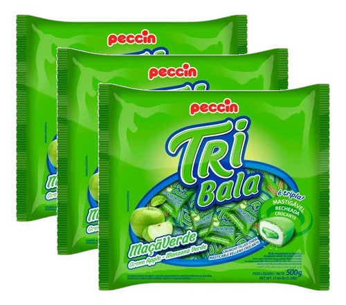 3 Bala Recheada Peccin Tribala Sabor Maça Verde Saco 500g