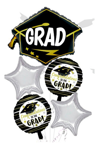 Set De Globos Metalico Graduacion Negro-plateado 5pcs