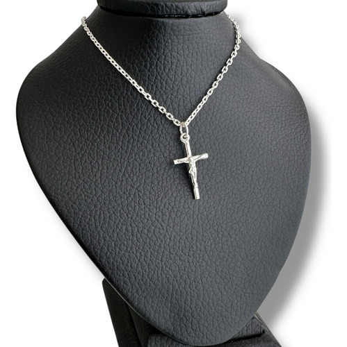 Collar Hombre Plata 925 Cadena Forcet Cruz Cristo 1.5mm Plata / 60 Cm