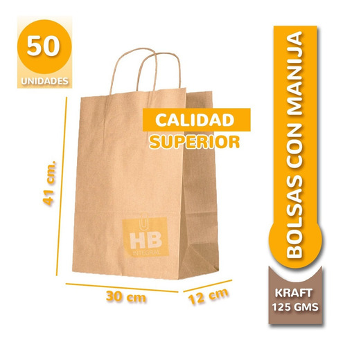 Imagen 1 de 6 de Bolsa De Papel Madera Con Manija 41x30x12 X50 Unidades
