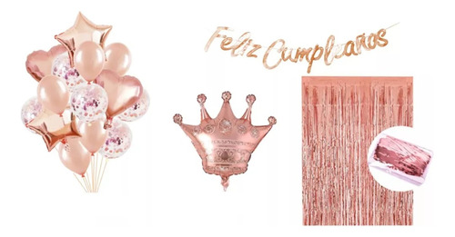 Kit Decoración Fiesta Oro Rosa Feliz Cumpleaños Corona