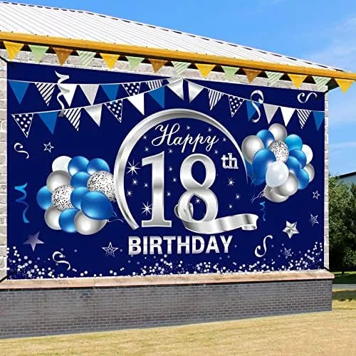 Pancarta De 18 Cumpleaños Azul Y Plateada, Decoración Para H