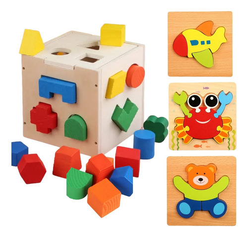 Juguetes De Madera Cubo Encaje Didáctico + 3 Puzzle