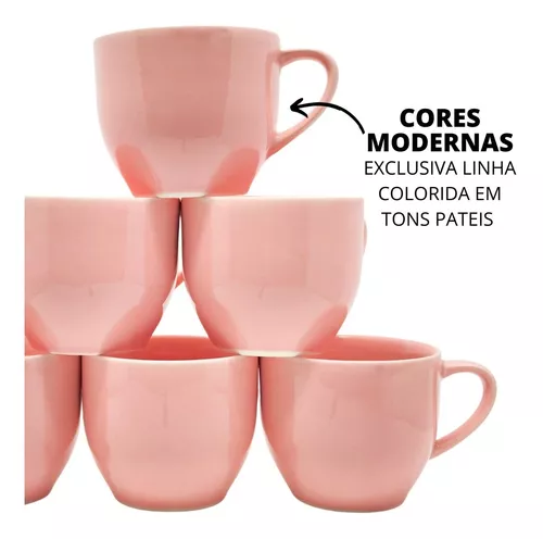 Jogo 6 Xicara Café Chá Porcelana Rosa 170ml