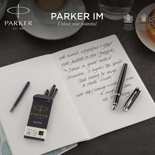 Parker Im Fountain Pen, Black Lacquer Gold Trim, Fine Nib Wi