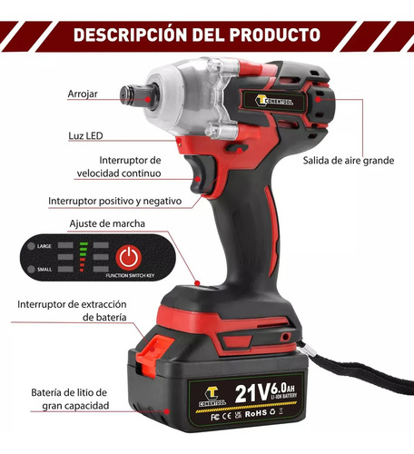 Pistola Llave de impacto inalámbrica Conentool de 850 nm, iones de litio, 2 baterías, color rojo, 127 V, 800 W