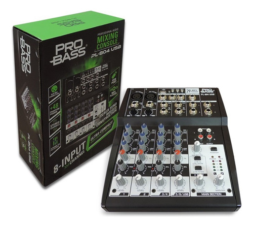 Mesa De Som Analógica 8 Canais Pro Bass Pl 804 Usb