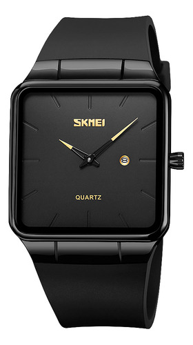 Reloj Unisex Skmei 1961 Silicona Fecha Minimalista Clasico Malla Negro Bisel Negro Fondo Negro