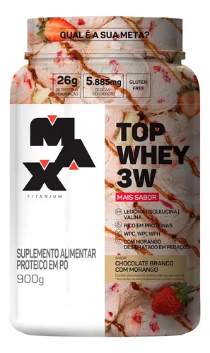 comprar Top Whey 3w Mais Sabor Pote 900g - Max Titanium Sabor Chocolate Branco com Morango