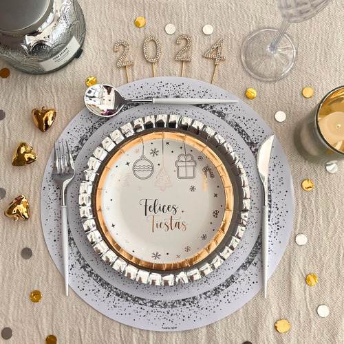 Navidad Platos De Sitio Individual Mantel 20u De Papel Blanco Confetti Plateado
