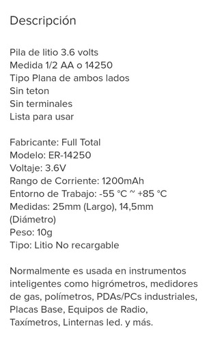 Full Total Er14250 1/2aa 3.6v Litio