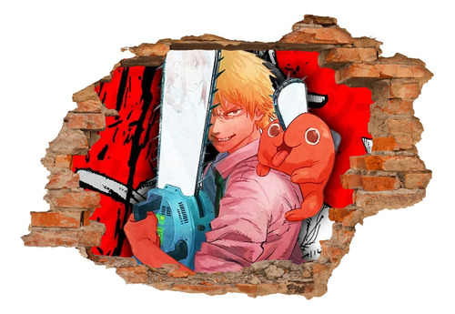 Vinilo Calco Sticker 3d Pared Rota Chainsaw Man Pochita 