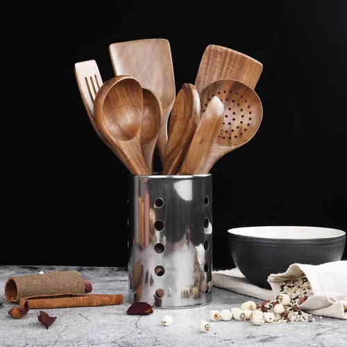 MAXCOOK Paquete de 8 cucharas de madera para cocinar, juego de utensilios  de cocina de madera, espátula antiadherente de madera de acacia natural