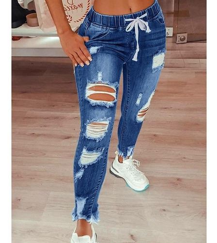 Pantalón Mujer Jeans Slim Rotos Azul Claro 2023