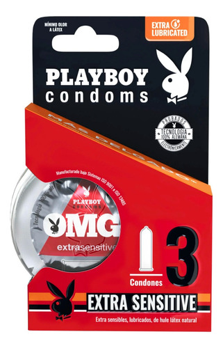 3 Condones Lubricados Playboy Extra Sensitive Extra Delgados