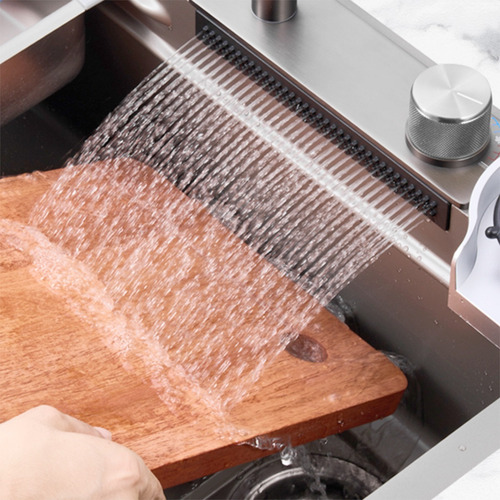 Cuba Cascata Premium Revomax Cor Prata Completa Com Acessórios Torneira Monocomando E Lavador De Copos Para Cozinha Gourmet Em Aço Inox 304
