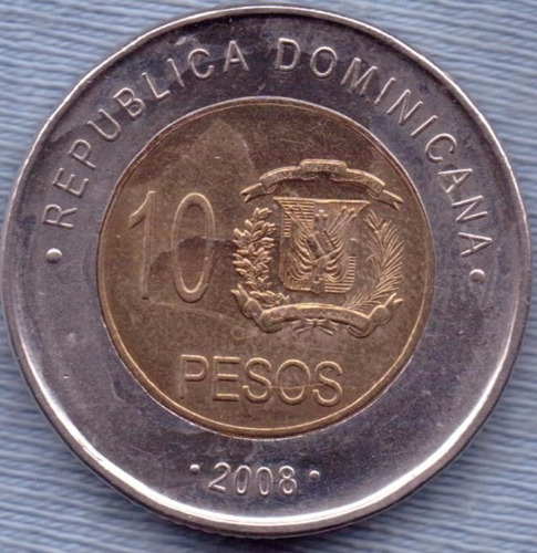 Imagen 2 de 2 de Republica Dominicana 10 Pesos 2008 Bimetalica * Matias Mella