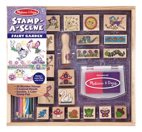Melissa & Doug Estampa Una Escena Juego De Sellos De Madera: Jardín De Hadas, Artes Y Manualidades, 20 Sellos De Madera, 5 Lápices De Color, Y Almohadilla De Tinta