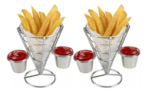 2 Cono Soporte Papas Fritas O Botana Acero Inoxidable 2 Dips