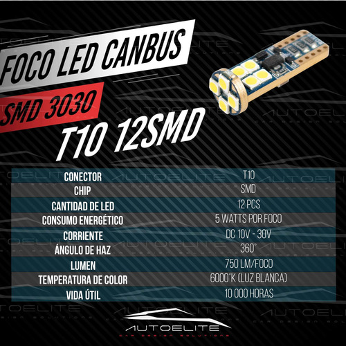 Imagen 8 de 10 de Foco Led T10 Pellizco Canbus 12led Smd 5w Luz Interior Placa