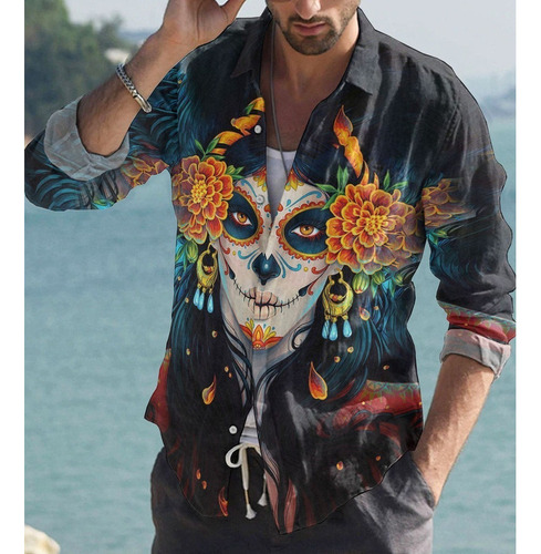 Cl Camisa Lino Algodón Día Los Muertos Camisa Calavera Mexic