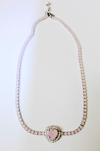 Choker Coração Pedras Rosa, Prata