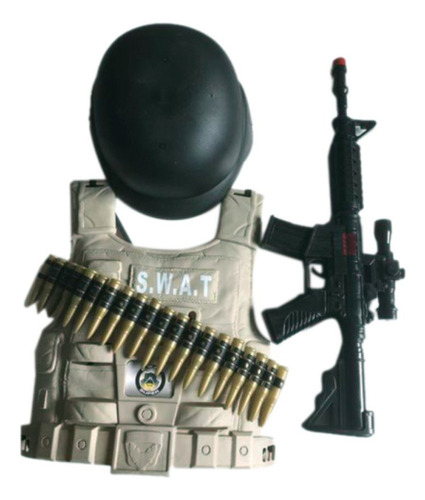 Brinquedo Kit Policial Bombeiro Com Rifle Colete Acessórios Cor Bege S.w.a.t