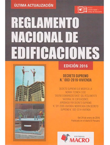 Reglamento Nacional De Edificaciones 2016, De Macro Editorial. Editorial Macro, Tapa Blanda En Español, 2016