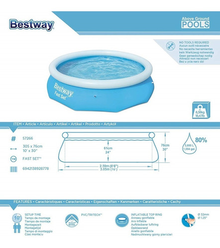 Pileta Inflable Redonda Bestway 305 X 76 Cm 3600 Lts Piscina