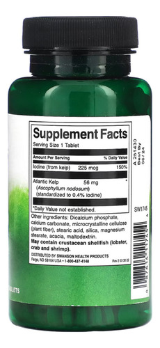 Swanson Kelp 225 Mcg 250 Tab, Fuente Yodo, Apoyo Tiroides