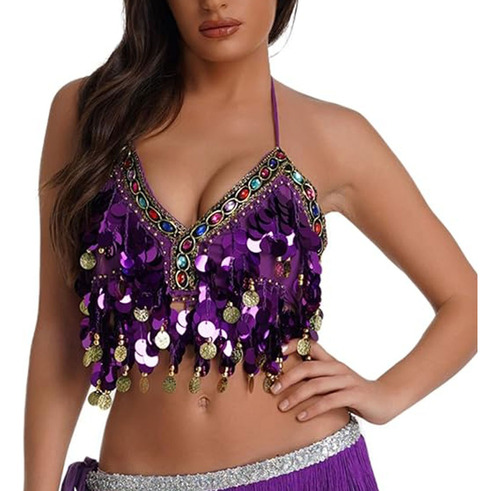 Crop Top Brilla Camiseta Monedas Blusa Danza Playa Fiesta