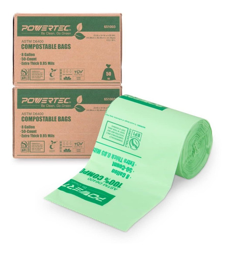 Powertec Bolsas 100% Compostables, 8 Galones (30 Litros), 10