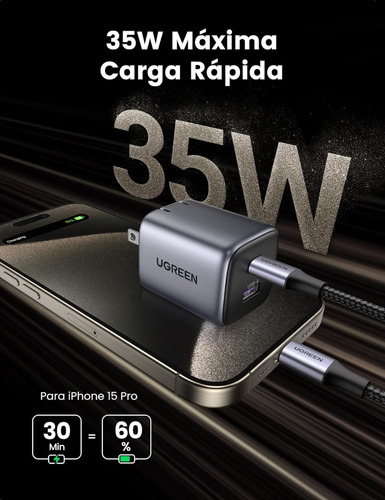 Cargador 35w Ugreen Carga Rápida Nexode Gan Tipo C Y Usb Pd