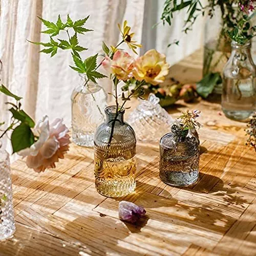 Juego de 3 jarrones de cristal, pequeños jarrones de flores para  decoración, vidrio degradado y estilo en relieve, mini botellas de vidrio  para