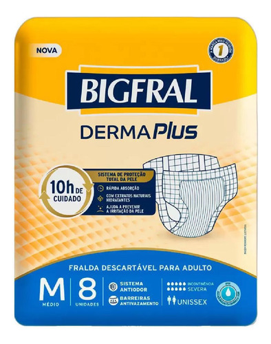 Fralda Geriátrica Bigfral Derma Plus M Com 8 Unidades