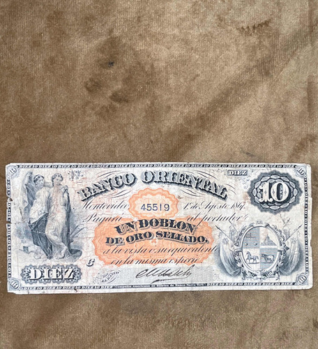 Billete Uruguay 1867 .1 Doblón De Oro. S10 Banco Oriental