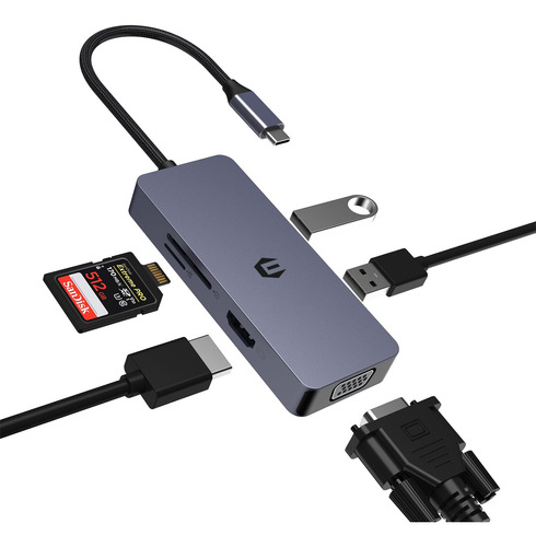 Hub Usb C Concentrador 6 1 Hdmi Vga Adaptador 4k 2.0 Lector