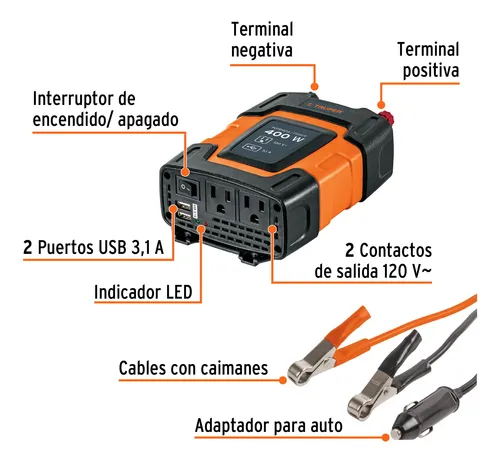 Inversor De Corriente 400 W Para Carro 12v A 120v Truper