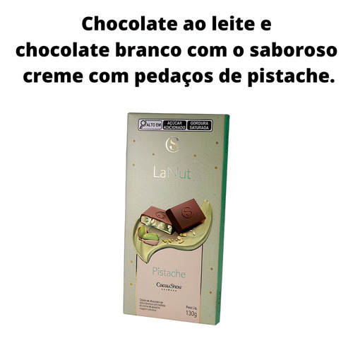 Tablete De Pistache Cacau Show Barra Lanut 130g Recheada